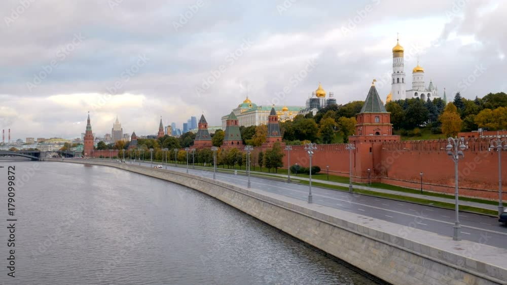 empty embankment of Moscow river near Kremlin walls in morning time, view from bridge empty embankment of Moscow river near Kremlin walls in morning time, view from bridge