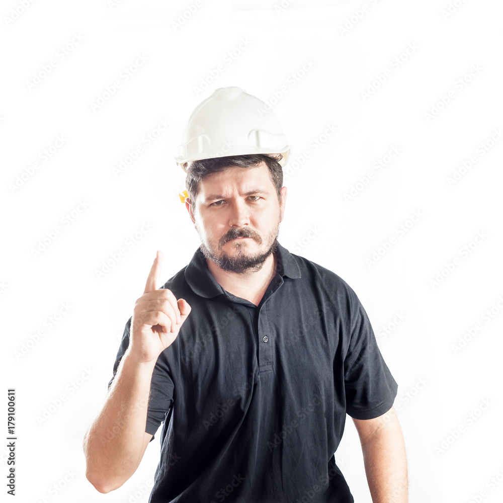 Portrait of 30 years old caucasian man with construction helmet and eye protect plastic glasses. Safety first concept Portrait of 30 years old caucasian man with construction helmet and eye protect plastic glasses. Safety first concept