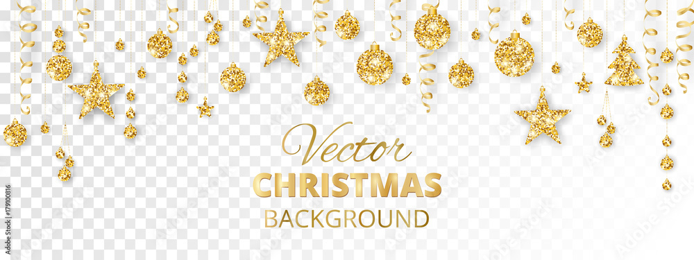 Sparkling Christmas glitter ornaments. Golden fiesta border. Festive garland with hanging balls and ribbons isolated on transparent background. Sparkling Christmas glitter ornaments. Golden fiesta border. Festive garland with hanging balls and ribbons isolated on transparent background.