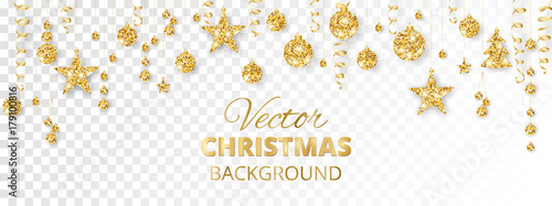 Sparkling Christmas glitter ornaments. Golden fiesta border. Festive garland with hanging balls and ribbons isolated on transparent background.