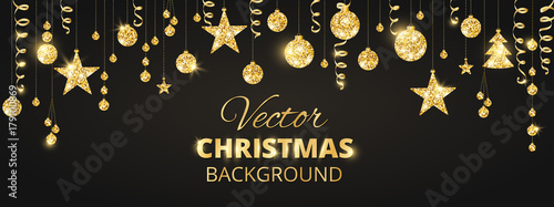 Sparkling Christmas glitter ornaments on black background. Golden fiesta border. Festive garland with hanging balls and ribbons.