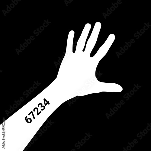 Identification tattoo consisting of numbers is on the arm. Metaphor of prisoner and survivor from concentration camp