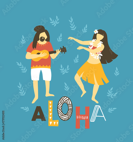 Vector hawaii  illustration. Summer background with dancing girls and men playing ukulele. Bright ethnic design.