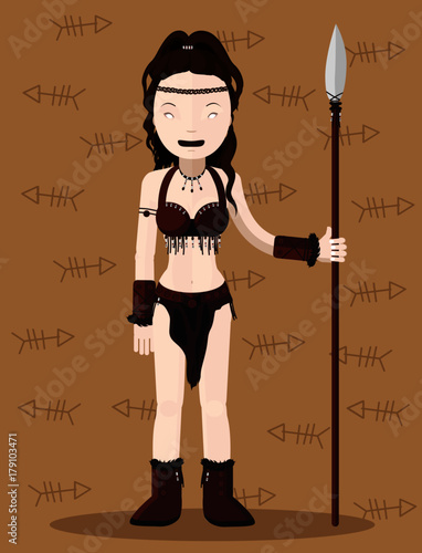 amazon warrior vector illustration, brunette cavewoman dressed in leather with a spear, flat style