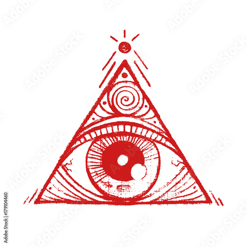A pyramid with a eye inside. Hand drawn isolated symbol. Magic symbolism. It can be used for printing on t-shirts, postcards, or used as ideas for tattoos.