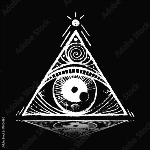 A pyramid with a eye inside. Hand drawn isolated symbol. Magic symbolism. It can be used for printing on t-shirts, postcards or your design.