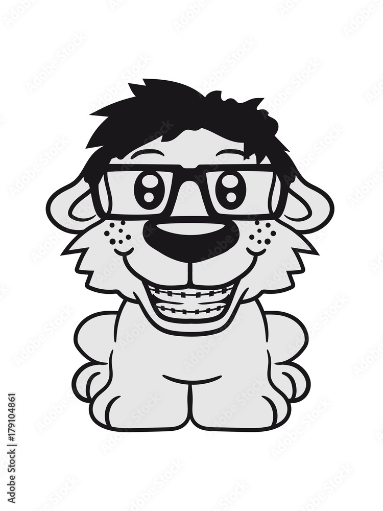 Fototapeta premium hornbrille nerd geek zahnspange pickel intelligent freak sitzen klein kind warten gehorsam lustig hund welpe süß niedlich haustier comic cartoon