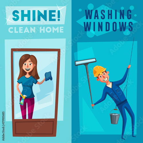Profesional worker cleaning windows. Cartoon illustration