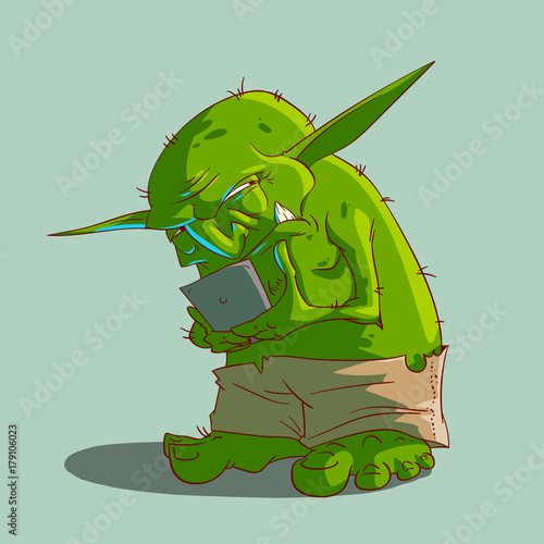 Colorful vector illustration of a Short cartoon green internet troll, with a mobile device.