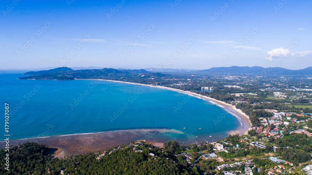 Aerial drone view of Surin beach in Phuket, Thailand