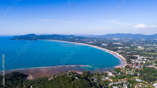 Aerial drone view of Surin beach in Phuket, Thailand