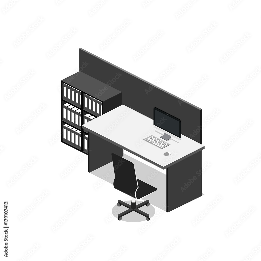 Isometric 3D vector illustration Interior of department office with workplaces Isometric 3D vector illustration Interior of department office with workplaces