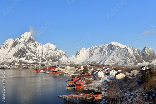 N-wards view over Reinevagen-gulf to mounts closing Reinefjorden. Reine-Moskenes-Lofoten-Nordland-Norway. 0283 photo