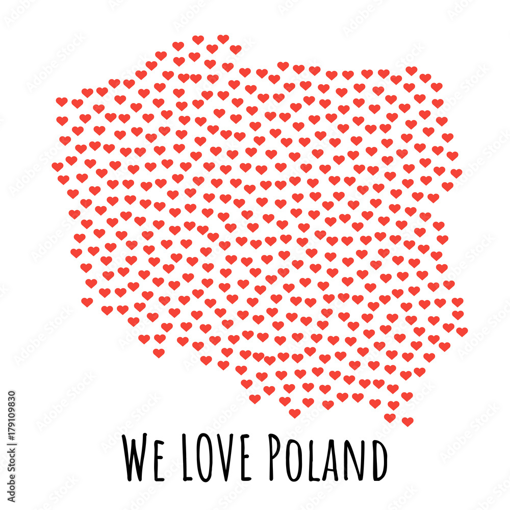 Poland Map with red hearts - symbol of love. abstract background
