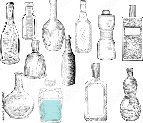 Set of different bottles. Hand drawn vector.