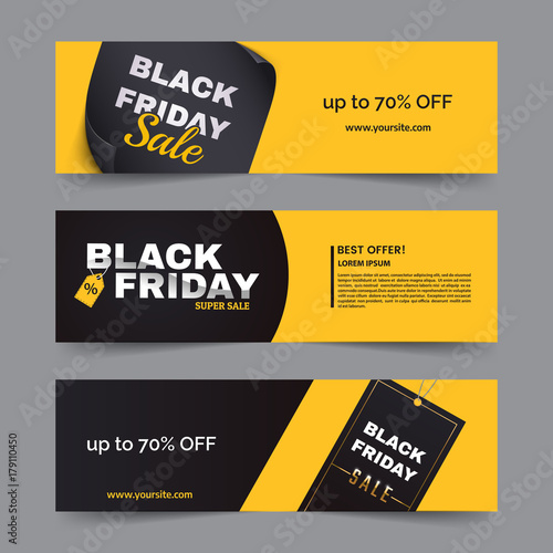 Black friday horizontal banner set. Black friday sale logo on yellow and dark background with geometric shapes. Minimalistic discount flyers. Vector eps 10