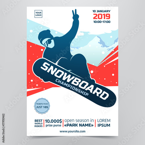 Snowboarding championship flyer concept. Contest poster with Snowboarder Silhouette on abstract winter background. Extreme winter sport. Applicable for invitation design, banners, flyers. Vector eps10