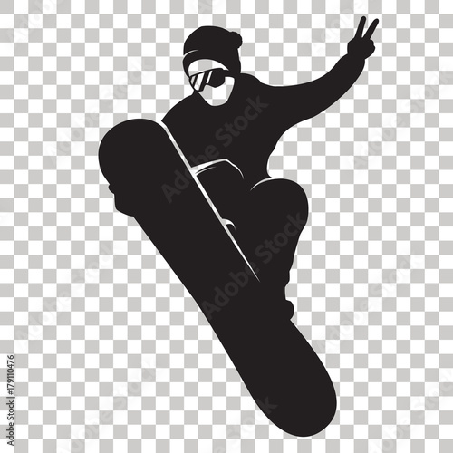 Snowboarder Silhouette isolated on transparent background. Stylized Snowboarder black logo. Rider with snowboard. Winter sport icon. Vector illustration. Eps 10