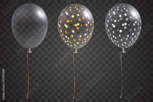 Three transparent balloons with gold and silver confetti inside. Isolated on transparent background. Vector festive helium balloons set. Holiday decoration element for your design. Eps 10