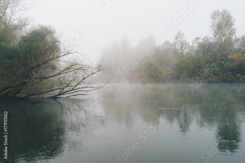 Foggy morning on river Ardas in Greece.