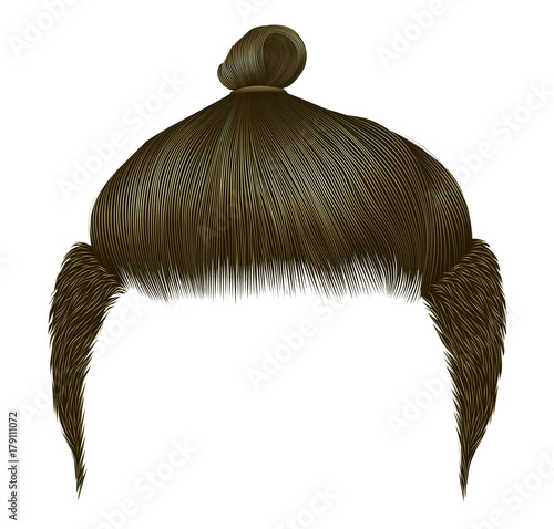 Trendy man hairs. Bun brown blonde color. Beauty style. Realistic 3d.