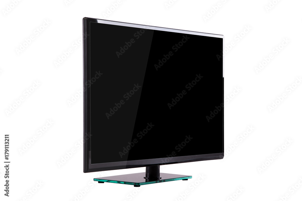 modern thin plasma LCD TV on a black glass stand isolated on a white background modern thin plasma LCD TV on a black glass stand isolated on a white background