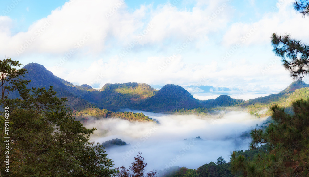 Panoramic, beautiful Misty Morning Sunrise