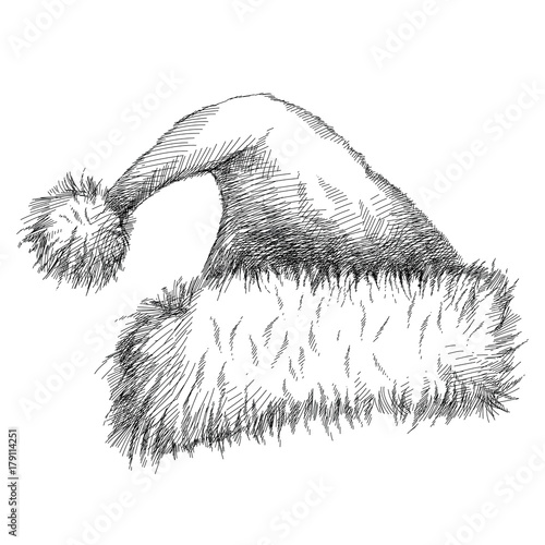 Vector Santa Claus celebration hat sketch in black isolated on white background. Traditional Christmas and New Year decorations and symbol in sketch style for holiday winter design.