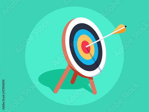 Target on wooden tripod with arrow in cente. Goal setting. Smart goal. Business target concept. Achievement and success.