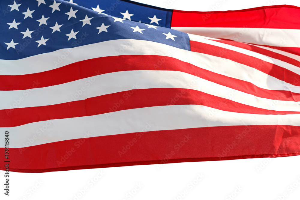 Obraz premium Waving star and stripes American flag on white background