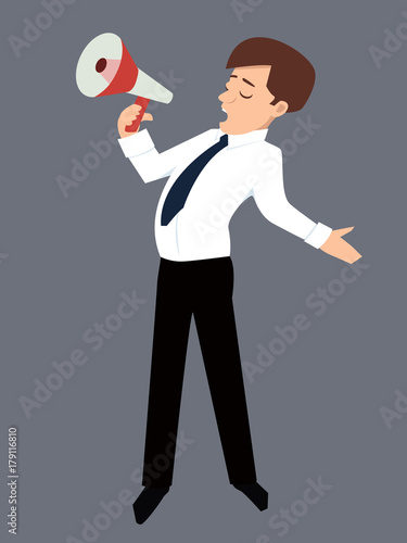 character person speaks into a megaphone