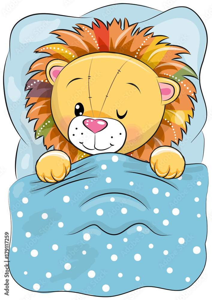 Naklejka premium Cartoon Sleeping Lion in a bed