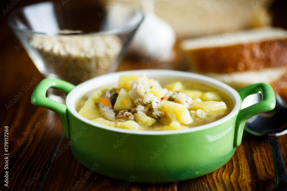 chicken soup with pearl barley in a bowl chicken soup with pearl barley in a bowl