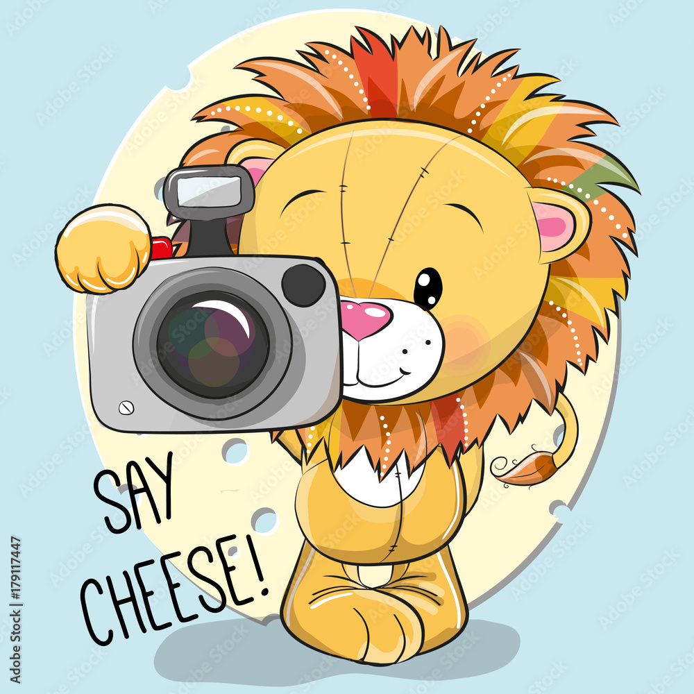 Fototapeta premium Cute cartoon Lion with a camera