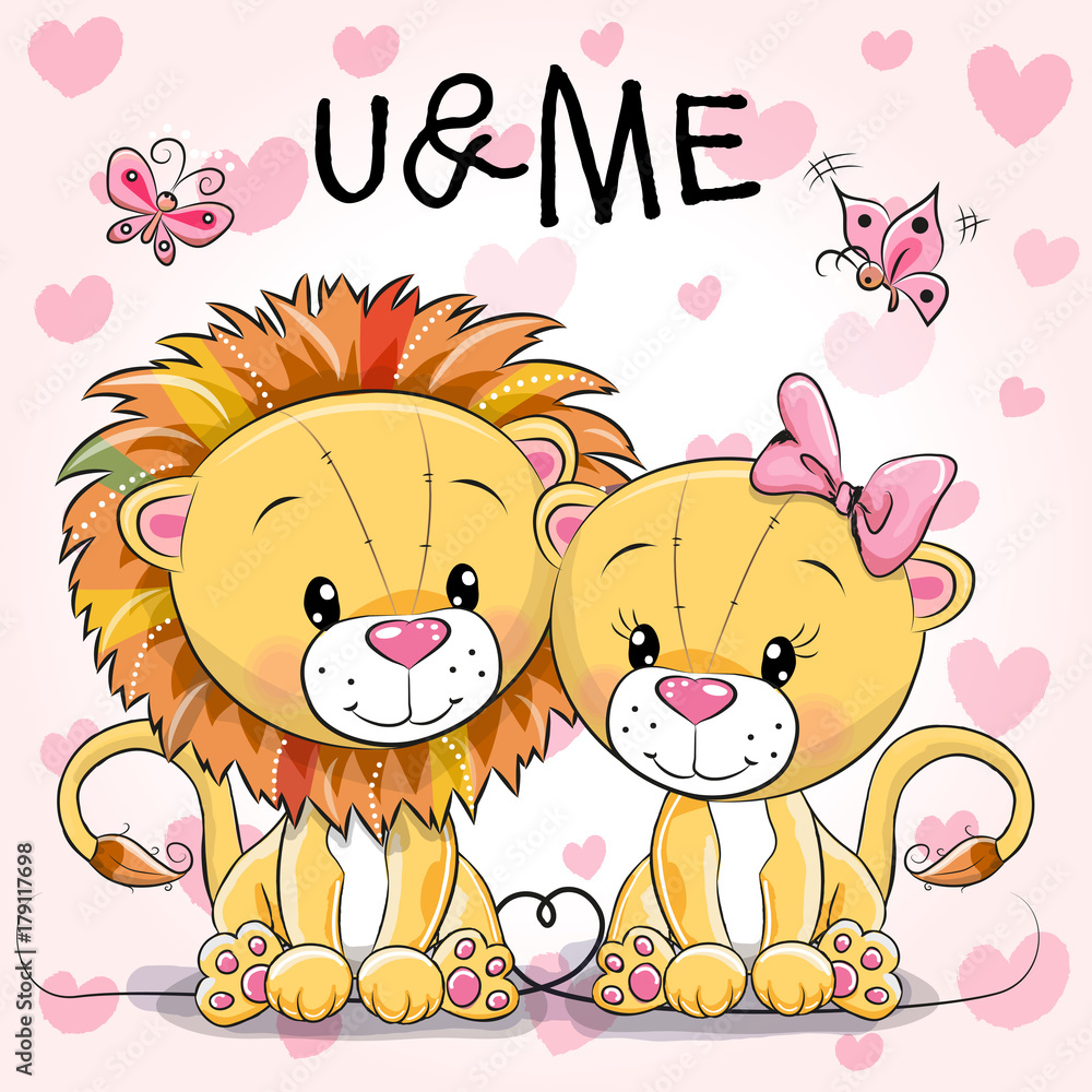Fototapeta premium Two cute Lions on a hearts background