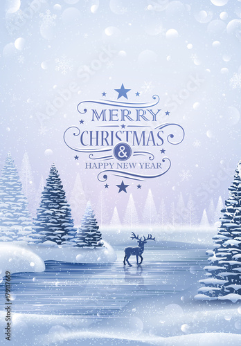 Christmas card with reindeer and snowflakes