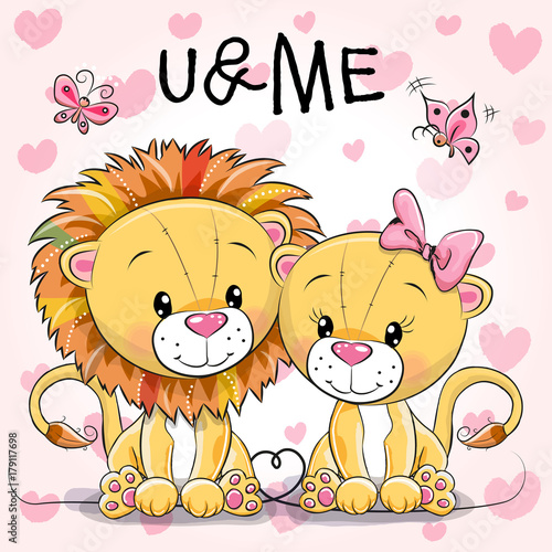 Two cute Lions on a hearts background