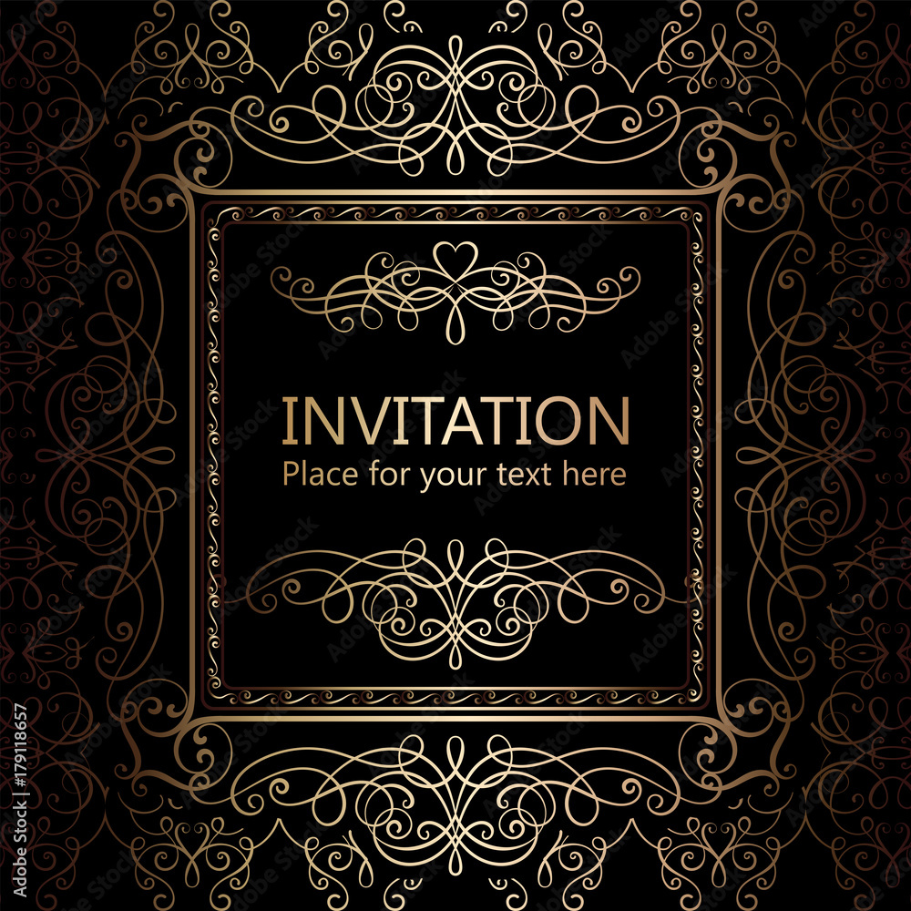 Abstract background with calligraphic luxury gold flourishes and vintage  frame, victorian banner,wallpaper ornaments, invitation card, baroque style  booklet, fashion pattern, template for design. Stock Vector | Adobe Stock