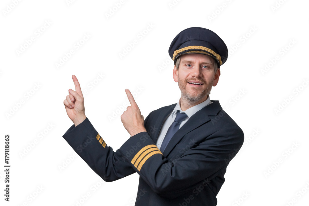 Pilot in Uniform mit goldenen Streifen deutet in die Luft Pilot in Uniform mit goldenen Streifen deutet in die Luft