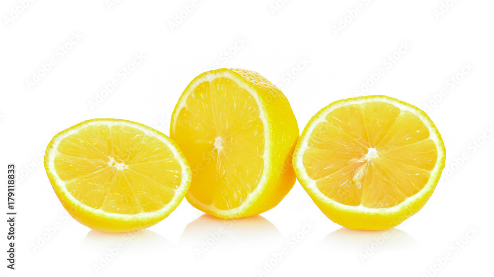 Lemon and cut half slice isolated on white background