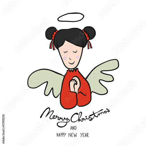 Angel Merry Christmas and Happy New Year cartoon vector illustration doodle style
