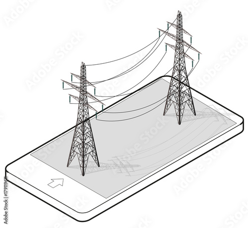 Vector high voltage pylons in mobile phone, isometric perspective. Wire metal pole voltage, isolated background. Outlined power line pylons communication technology. Power plant equipment illustration