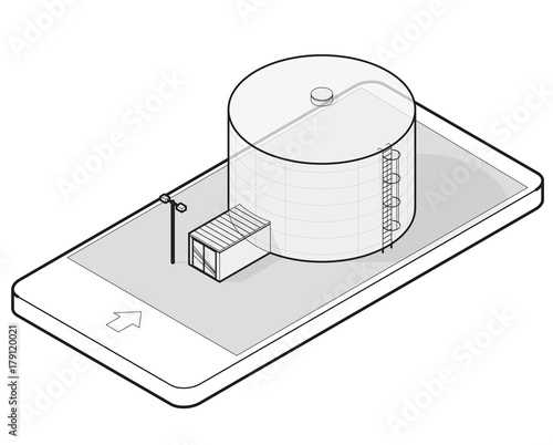 Wire drain silo isometric building in mobile phone, isometric. Outlined seed elevator agriculture, farming, husbandry in communication technology. Isolated vector illustration, white background.