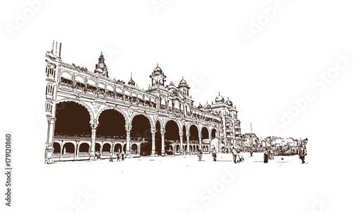 Sketch of Mysore Palace, is a historical palace and a royal residence at Mysore in the southern Karnataka state of India in vector illustration.