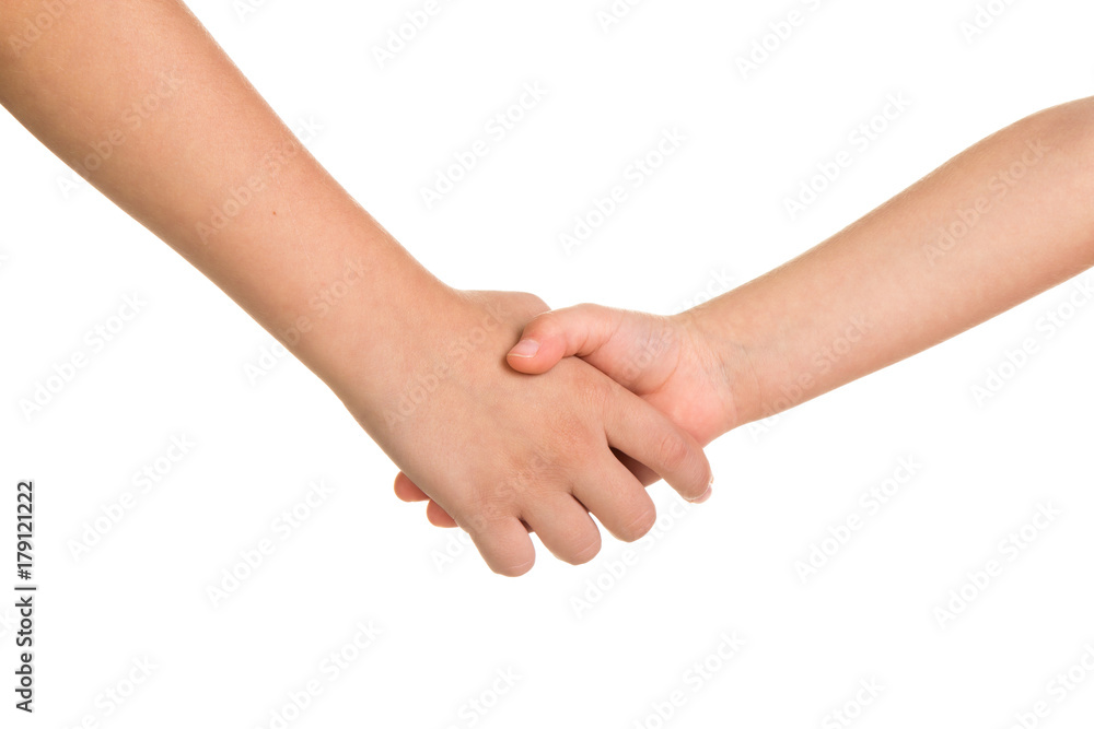 Kids handshake on white background. Real friendship Kids handshake on white background. Real friendship