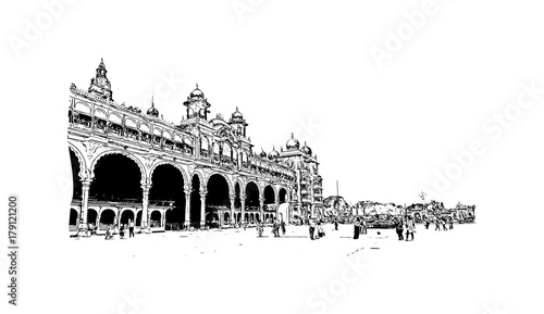 Sketch of Mysore Palace, is a historical palace and a royal residence at Mysore in the southern Karnataka state of India in vector illustration.