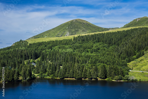 View of Lake Guery. Lake Guery is a mountain lake of volcanic origin located in Monts Dore, in the heart of the Massif Central. It is the highest of the Auvergne lakes. Auvergne-Rhone-Alpes. France.