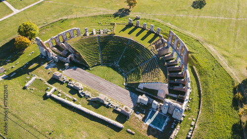 Gubbio, one of the most beautiful small town in Italy. Drone aerial view of the ruins of the Roman theater