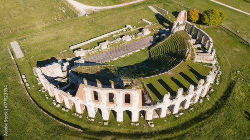 Gubbio, one of the most beautiful small town in Italy. Drone aerial view of the ruins of the Roman theater