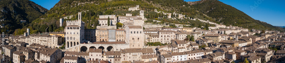 Gubbio, one of the most beautiful small town in Italy. Drone aerial view of the village